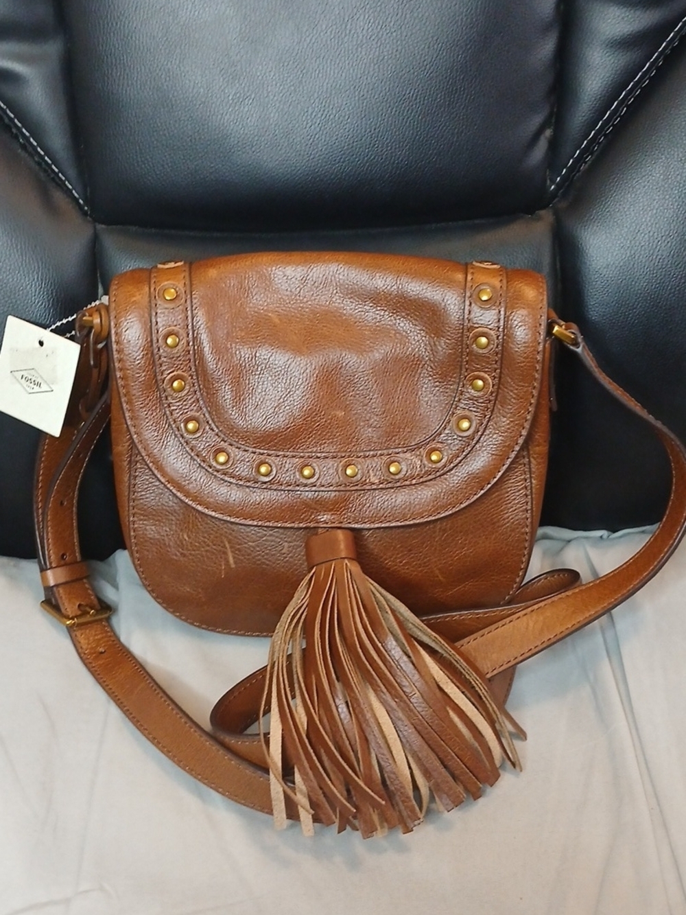 Fossil Brown Leather Tassel Crossbody Bag